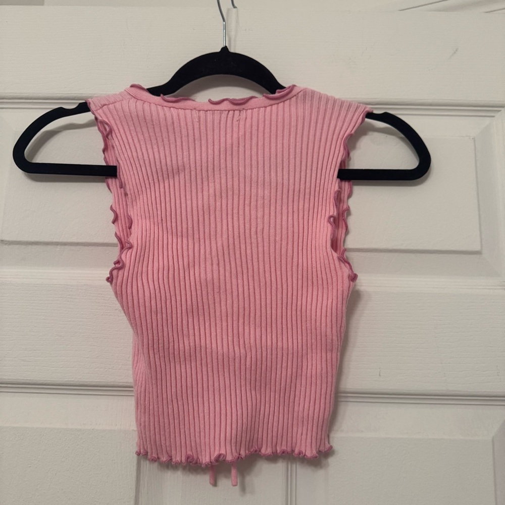 Pink Ribbed Crop Top with Ruffle Trim - Picture 2 of 3